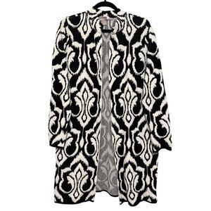 Chico’s Black White Ikat Open Front Longline Cardigan Sweater Size L (12)